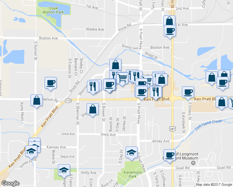 map of restaurants, bars, coffee shops, grocery stores, and more near 1050 Ken Pratt Boulevard in Longmont