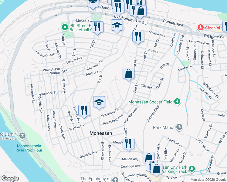 map of restaurants, bars, coffee shops, grocery stores, and more near 37 Court Avenue in Monessen