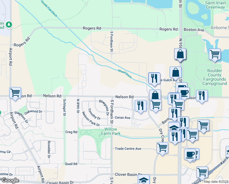 map of restaurants, bars, coffee shops, grocery stores, and more near 2950 Nelson Road in Longmont