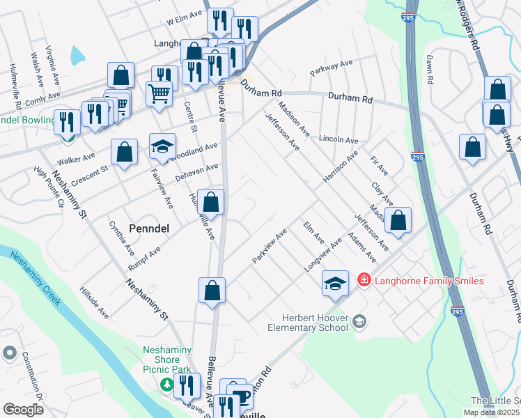 map of restaurants, bars, coffee shops, grocery stores, and more near 21 Oak Avenue in Penndel