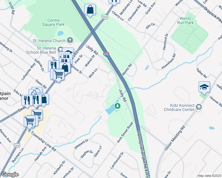 map of restaurants, bars, coffee shops, grocery stores, and more near 2012 Meadow Drive in Blue Bell