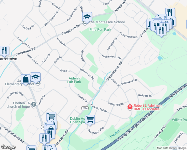map of restaurants, bars, coffee shops, grocery stores, and more near 11-12 Dreshertown Road in Dresher