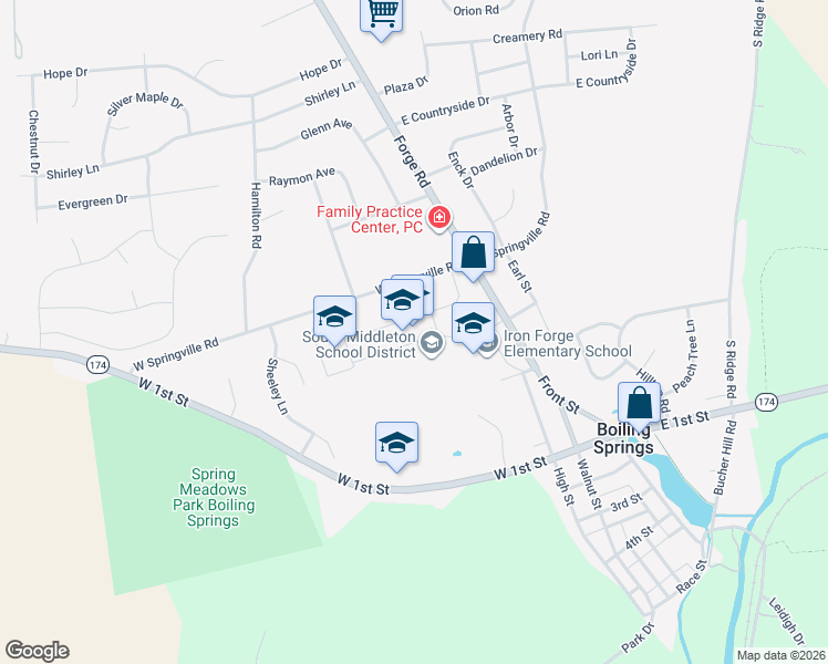 map of restaurants, bars, coffee shops, grocery stores, and more near 4 Forge Road in Boiling Springs