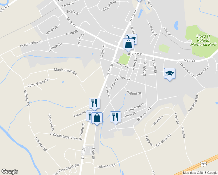 map of restaurants, bars, coffee shops, grocery stores, and more near 713 Oak Street in Akron