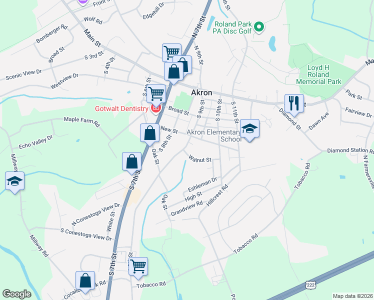 map of restaurants, bars, coffee shops, grocery stores, and more near 203 South 9th Street in Akron