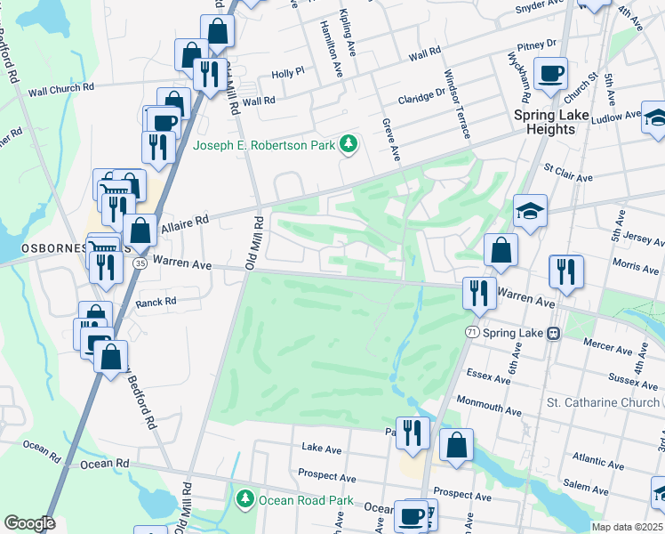 map of restaurants, bars, coffee shops, grocery stores, and more near 75 Maple Drive in Spring Lake
