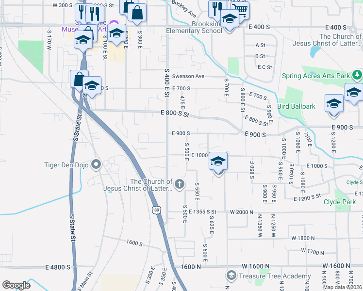 map of restaurants, bars, coffee shops, grocery stores, and more near 935 South 500 East in Springville