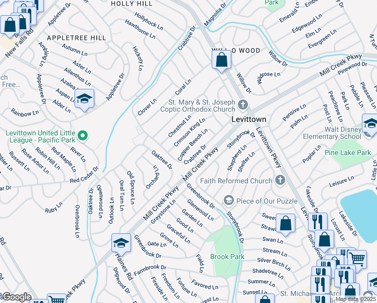 map of restaurants, bars, coffee shops, grocery stores, and more near 14 Copper Beech Lane in Levittown