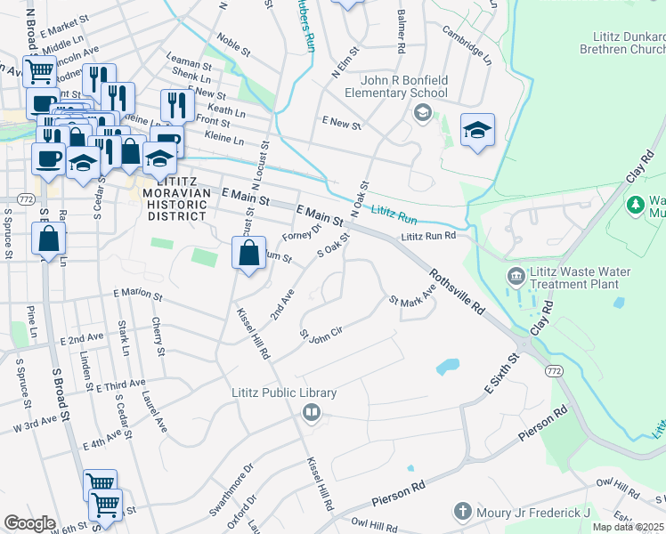map of restaurants, bars, coffee shops, grocery stores, and more near 600 Pennsylvania 772 in Lititz