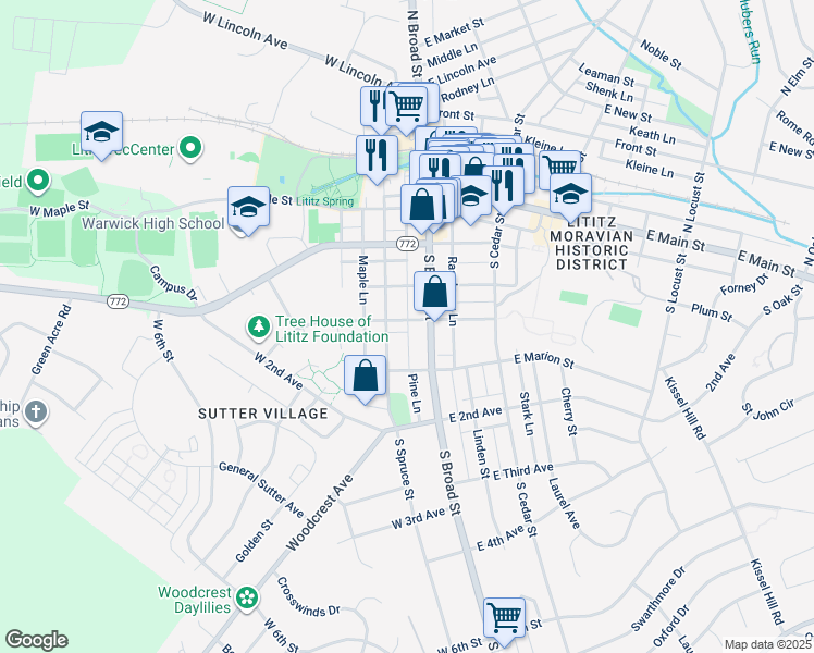 map of restaurants, bars, coffee shops, grocery stores, and more near 19 West Lemon Street in Lititz
