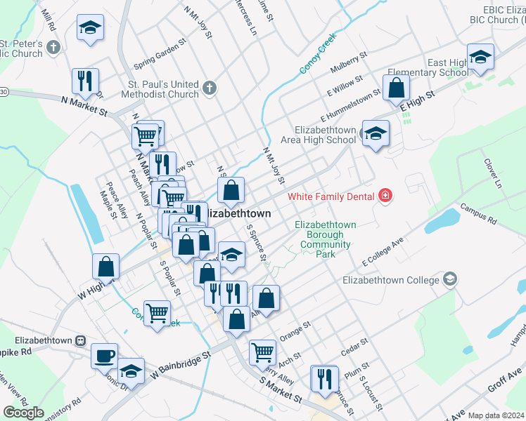 map of restaurants, bars, coffee shops, grocery stores, and more near 334 East High Street in Elizabethtown