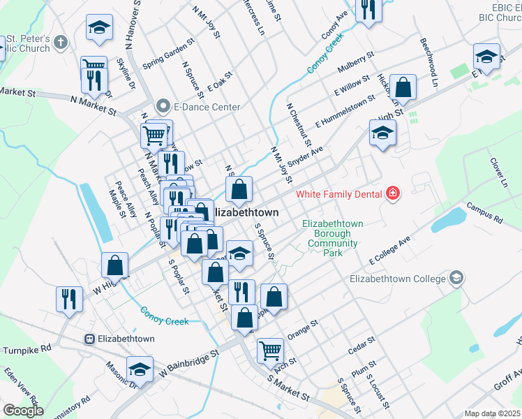 map of restaurants, bars, coffee shops, grocery stores, and more near in Elizabethtown
