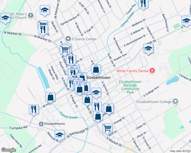 map of restaurants, bars, coffee shops, grocery stores, and more near 48 North Spruce Street in Elizabethtown