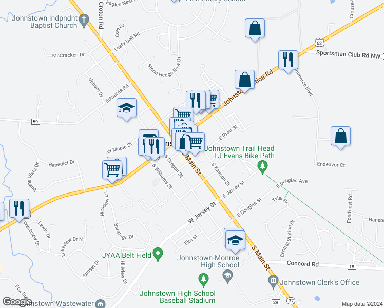 map of restaurants, bars, coffee shops, grocery stores, and more near 43 South Kasson Street in Johnstown