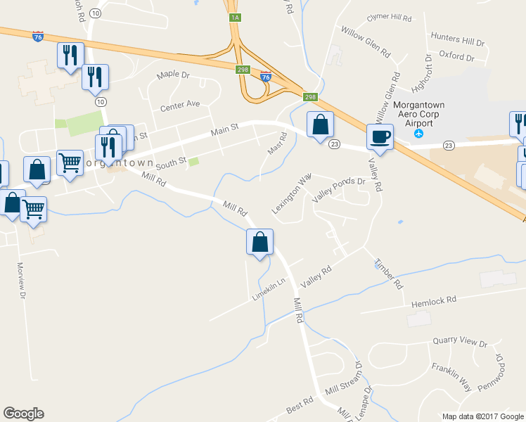 map of restaurants, bars, coffee shops, grocery stores, and more near 1203 Ridgeview Drive in Morgantown