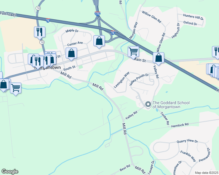 map of restaurants, bars, coffee shops, grocery stores, and more near 1203 Ridgeview Drive in Morgantown