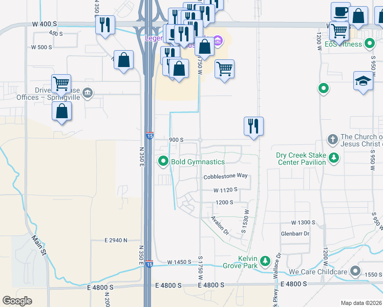 map of restaurants, bars, coffee shops, grocery stores, and more near 1778 West 950 South in Springville