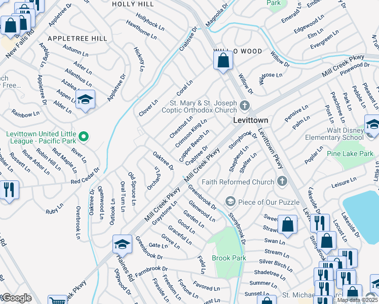 map of restaurants, bars, coffee shops, grocery stores, and more near 14 Copper Beech Lane in Levittown