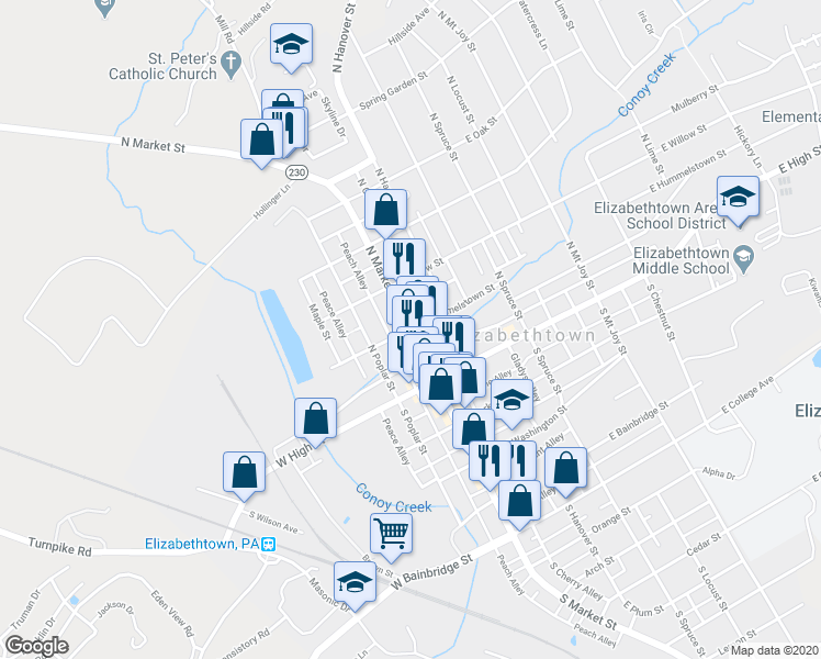 map of restaurants, bars, coffee shops, grocery stores, and more near 0 East Hummelstown Street in Elizabethtown