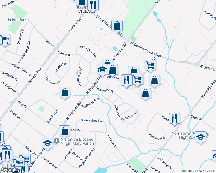 map of restaurants, bars, coffee shops, grocery stores, and more near 509 Carousel Circle in Norristown