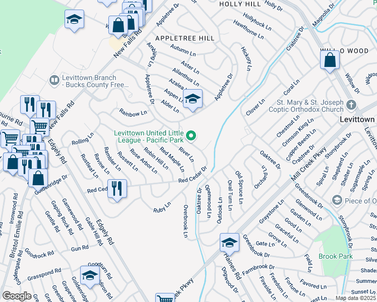 map of restaurants, bars, coffee shops, grocery stores, and more near 28 River Lane in Levittown