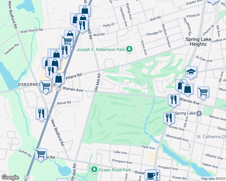 map of restaurants, bars, coffee shops, grocery stores, and more near 3 Apple Drive in Spring Lake
