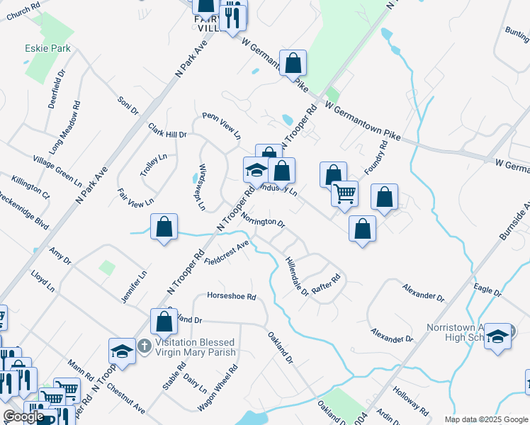 map of restaurants, bars, coffee shops, grocery stores, and more near 509 Carousel Circle in Norristown