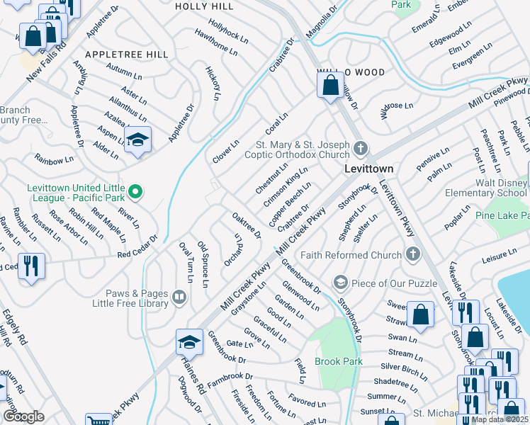 map of restaurants, bars, coffee shops, grocery stores, and more near 6 Crimson King Lane in Levittown