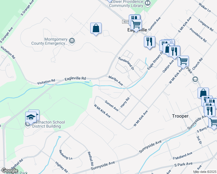map of restaurants, bars, coffee shops, grocery stores, and more near 207 Chariot Lane in Norristown