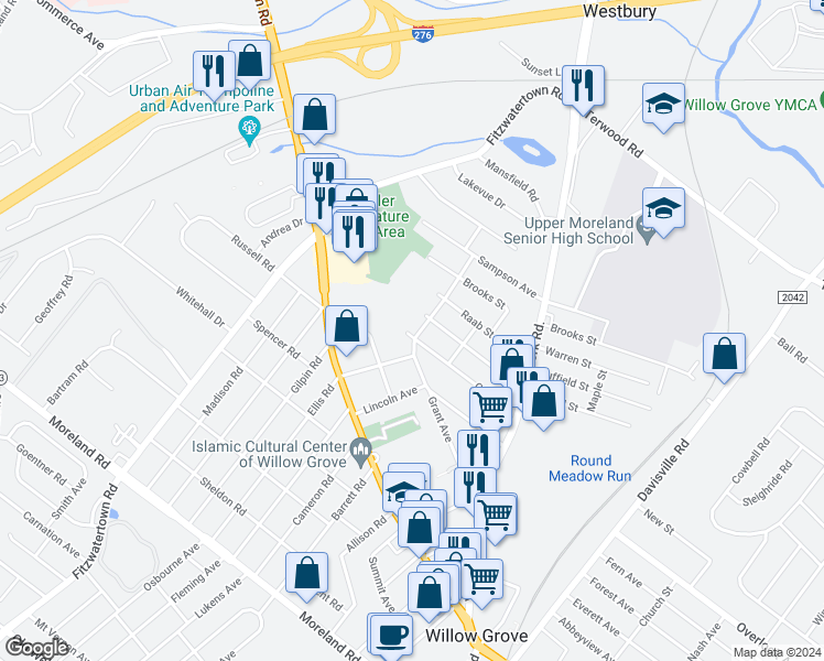 map of restaurants, bars, coffee shops, grocery stores, and more near 600 Patterson Avenue in Willow Grove