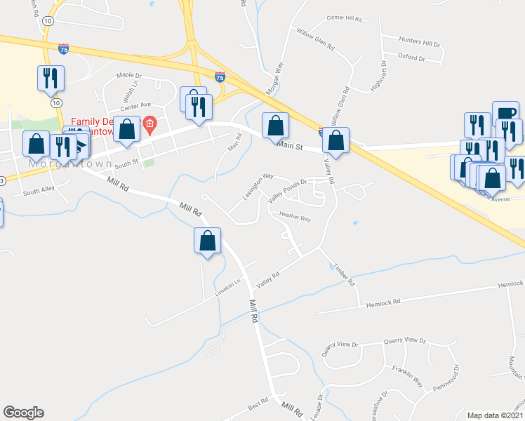 map of restaurants, bars, coffee shops, grocery stores, and more near 401 Ridgeview Drive in Morgantown