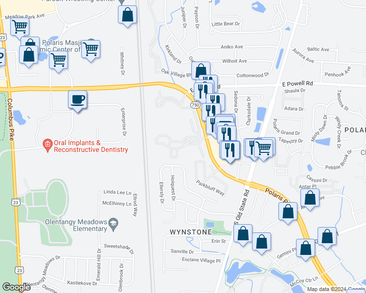 map of restaurants, bars, coffee shops, grocery stores, and more near Bayridge Drive in Lewis Center