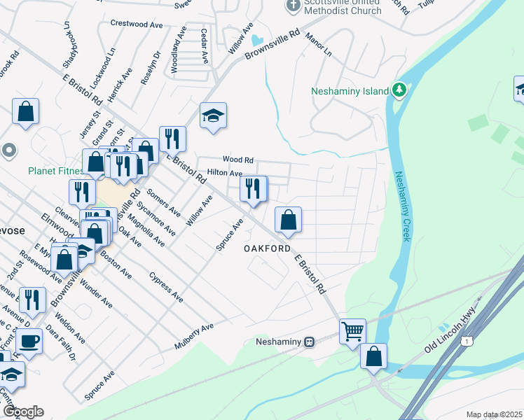 map of restaurants, bars, coffee shops, grocery stores, and more near 1916 Fernbrook Avenue in Trevose