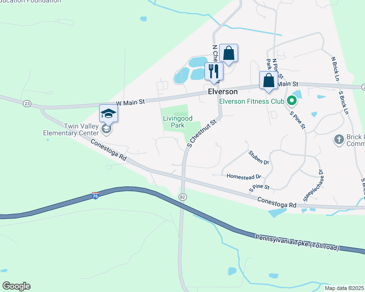 map of restaurants, bars, coffee shops, grocery stores, and more near 4 Parkside Drive in Elverson