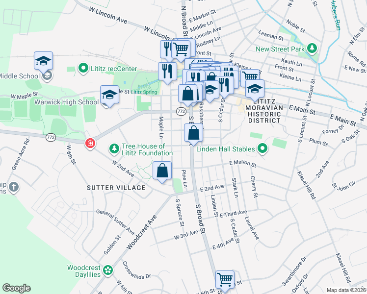 map of restaurants, bars, coffee shops, grocery stores, and more near 19 West Lemon Street in Lititz