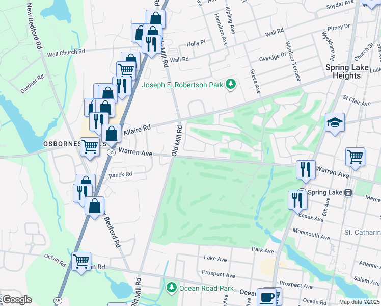 map of restaurants, bars, coffee shops, grocery stores, and more near 38 Apple Drive in Spring Lake