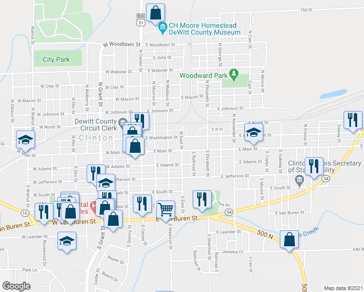 map of restaurants, bars, coffee shops, grocery stores, and more near 200 North Clinton Street in Bloomington