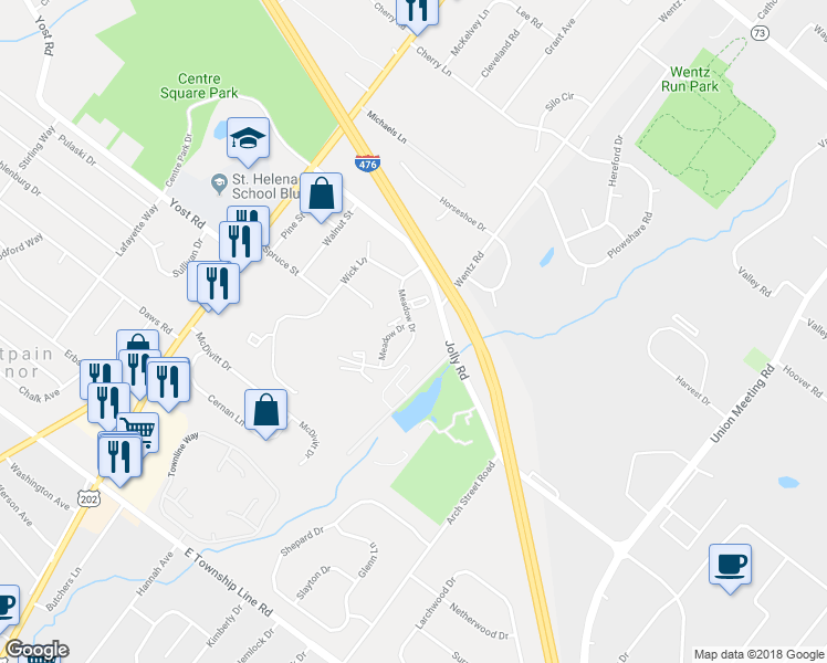 map of restaurants, bars, coffee shops, grocery stores, and more near 2109 Meadow Drive in Blue Bell