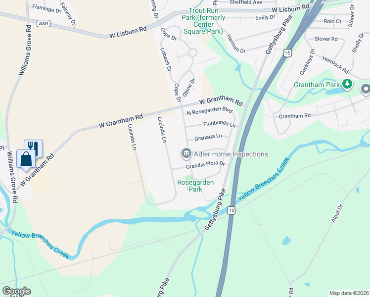 map of restaurants, bars, coffee shops, grocery stores, and more near 1123 Granada Lane in Mechanicsburg