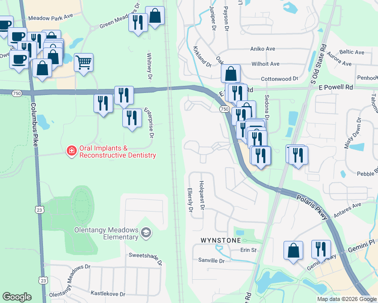 map of restaurants, bars, coffee shops, grocery stores, and more near 922 Bayridge Drive in Lewis Center
