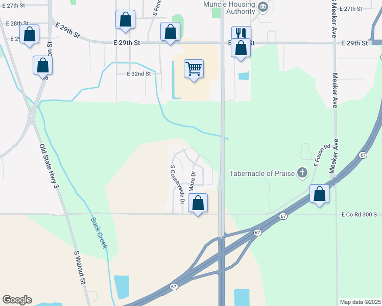 map of restaurants, bars, coffee shops, grocery stores, and more near 1512 East Jessica Lane in Muncie