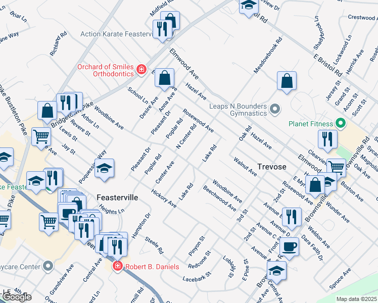 map of restaurants, bars, coffee shops, grocery stores, and more near 1510 Meadowbrook Road in Feasterville-Trevose