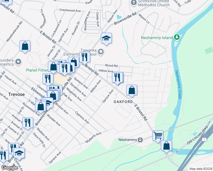 map of restaurants, bars, coffee shops, grocery stores, and more near 4321 Somers Avenue in Feasterville-Trevose