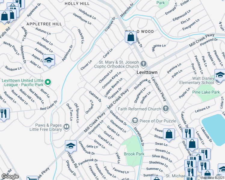 map of restaurants, bars, coffee shops, grocery stores, and more near 18 Copper Beech Lane in Levittown