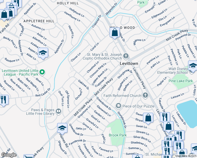 map of restaurants, bars, coffee shops, grocery stores, and more near 18 Copper Beech Lane in Levittown