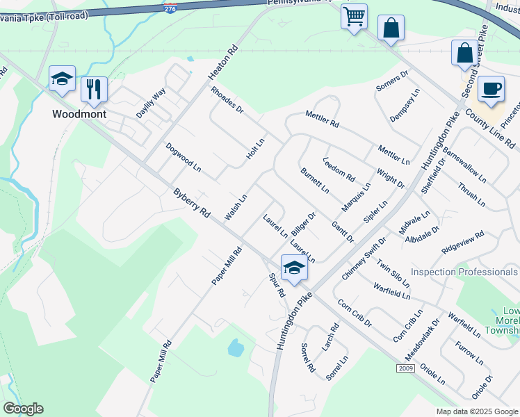 map of restaurants, bars, coffee shops, grocery stores, and more near 3561 Walsh Lane in Montgomery County