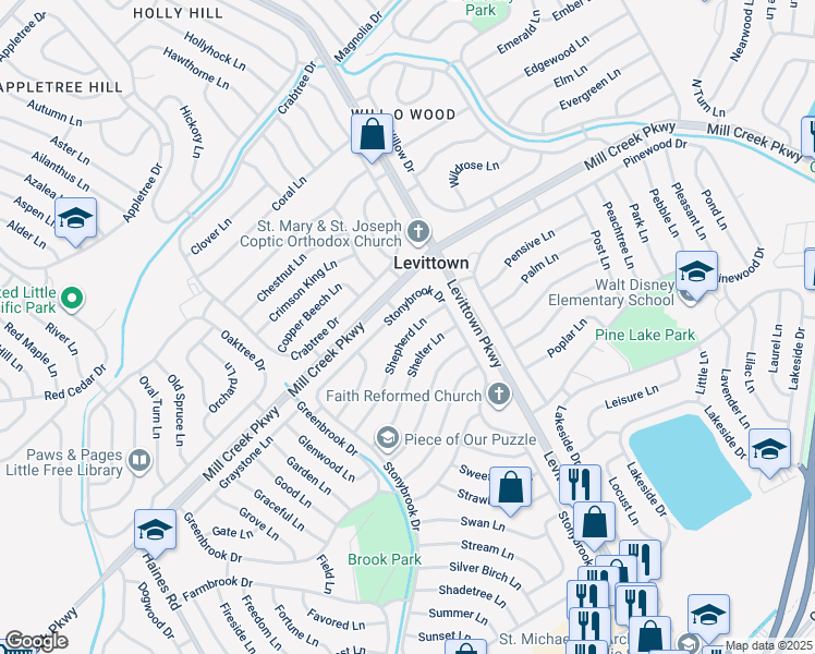 map of restaurants, bars, coffee shops, grocery stores, and more near 61 Shepherd Lane in Levittown