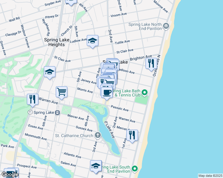 map of restaurants, bars, coffee shops, grocery stores, and more near 217 Jersey Avenue in Spring Lake