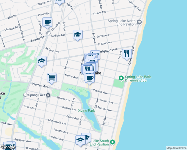 map of restaurants, bars, coffee shops, grocery stores, and more near 217 Jersey Avenue in Spring Lake