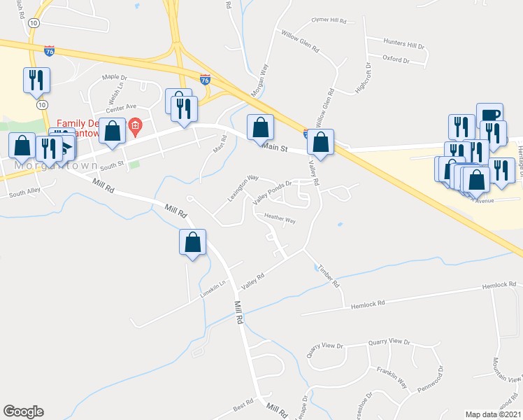map of restaurants, bars, coffee shops, grocery stores, and more near 104 Heather Way in Morgantown